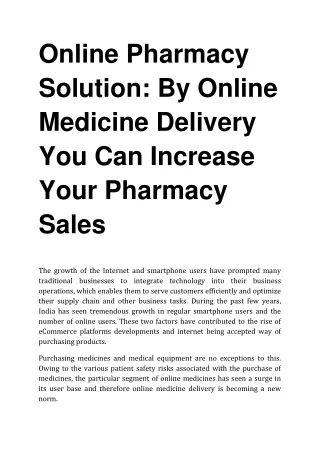 Online Pharmacy Solution: By Online Medicine Delivery You Can Increase Your Pharmacy Sales