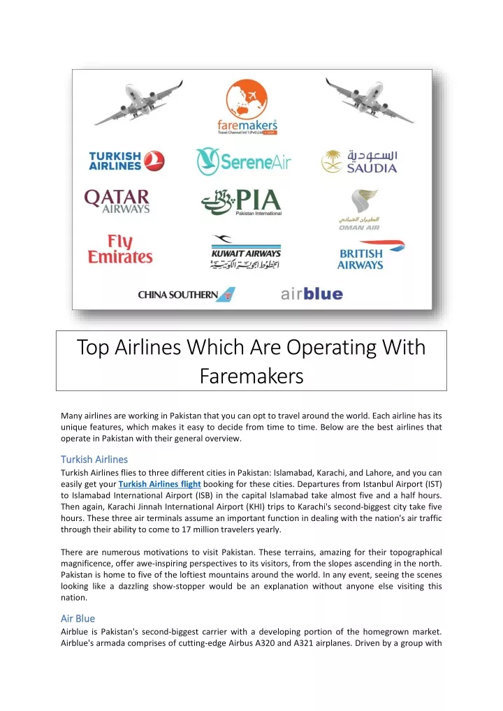top airlines which are operating with faremakers