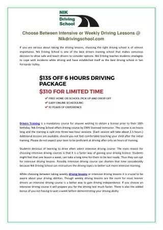 Choose Between Intensive or Weekly Driving Lessons @ Nikdrivingschool.com