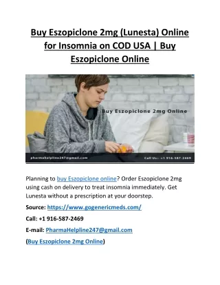 Buy Eszopiclone 2mg (Lunesta) Online for Insomnia on COD USA | Buy Eszopiclone Online