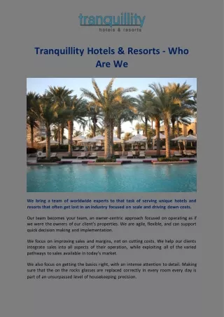 Tranquillity Hotels & Resorts - Who Are We