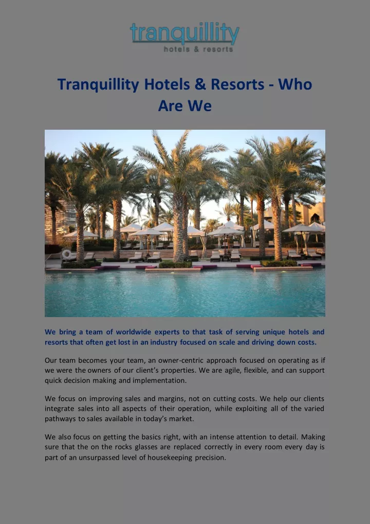 tranquillity hotels resorts who are we