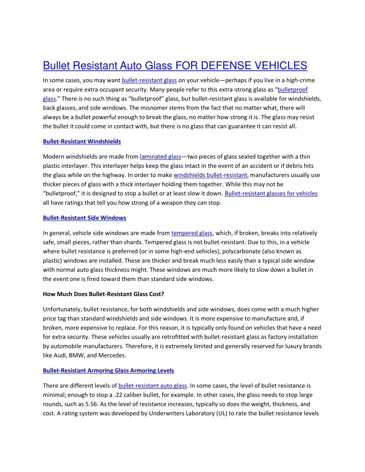 bullet resistant auto glass for defense vehicles