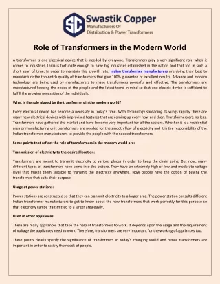 Role of Transformers in the Modern World