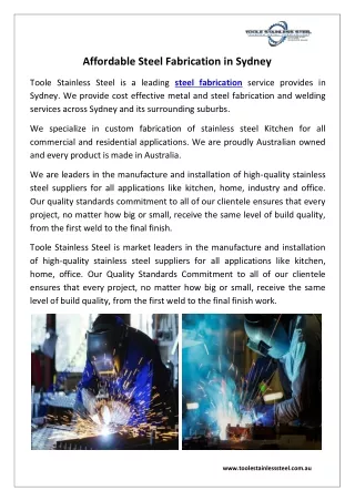 Affordable Steel Fabrication in Sydney - Toole Stainless Steel