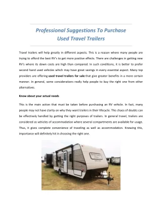 Professional Suggestions To Purchase Used Travel Trailers