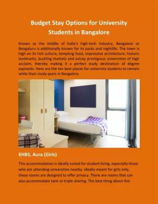 Budget Stay Options for University Students in Bangalore