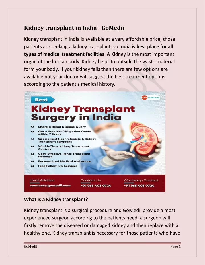 kidney transplant in india gomedii
