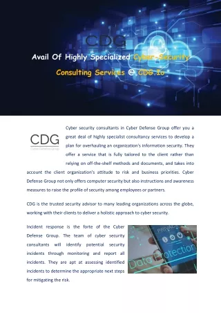 Avail Of Highly Specialized Cyber-Security Consulting Services @ CDG.Io