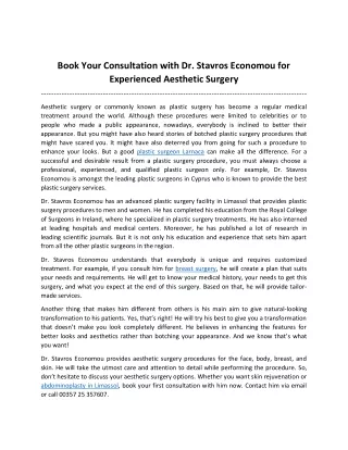 Book Your Consultation with Dr. Stavros Economou for Experienced Aesthetic Surgery
