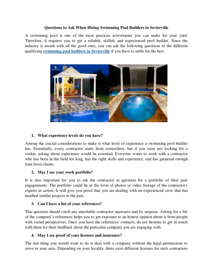 questions to ask when hiring swimming pool