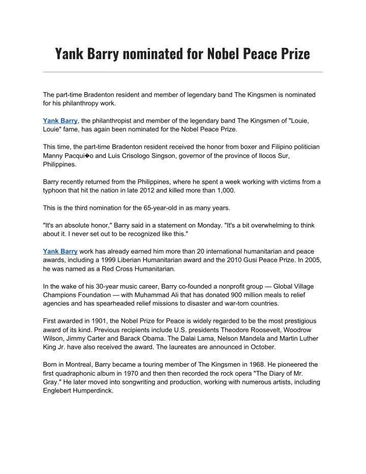 yank barry nominated for nobel peace prize