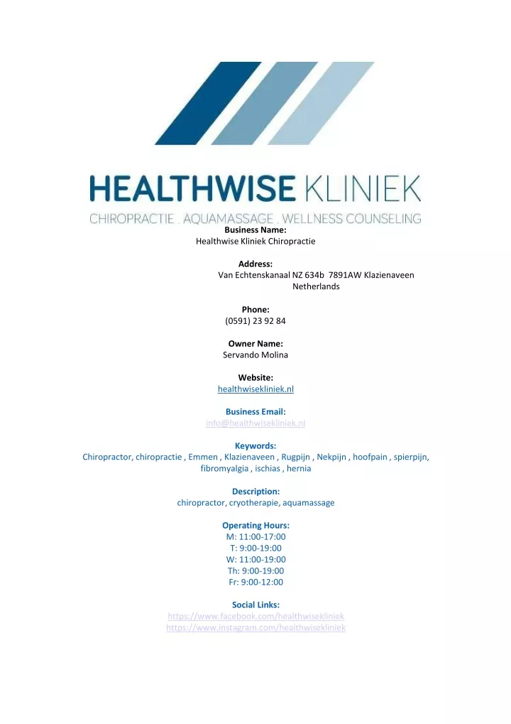business name healthwise kliniek chiropractie