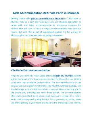 Girls Accommodation near Vile Parle in Mumbai