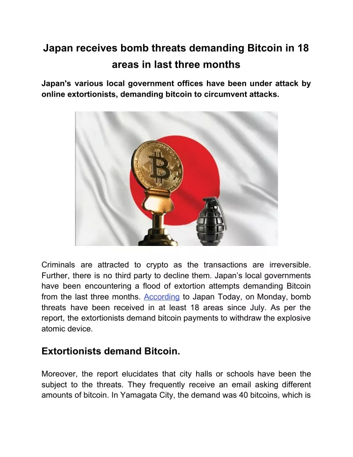 japan receives bomb threats demanding bitcoin