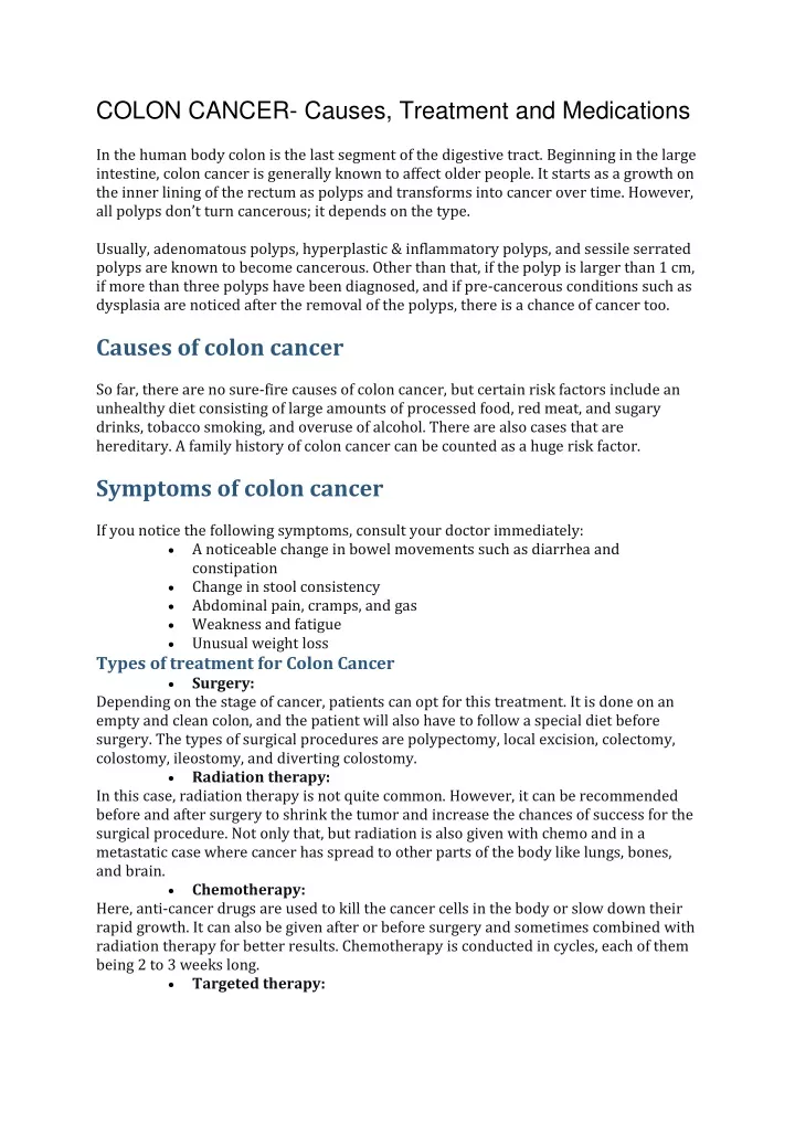 colon cancer causes treatment and medications