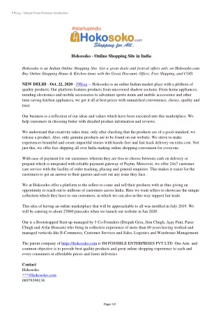 PR (Press Release)-Hokosoko-Online Shopping Site in India