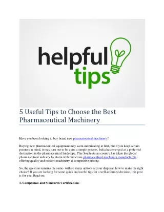 5 Useful Tips to Choose the Best Pharmaceutical Machinery