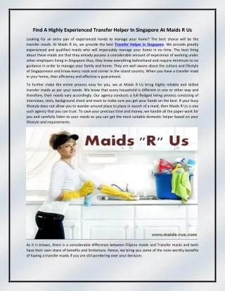 Find A Highly Experienced Transfer Helper In Singapore At Maids R Us