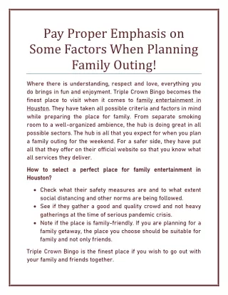 Pay Proper Emphasis on Some Factors When Planning Family Outing!