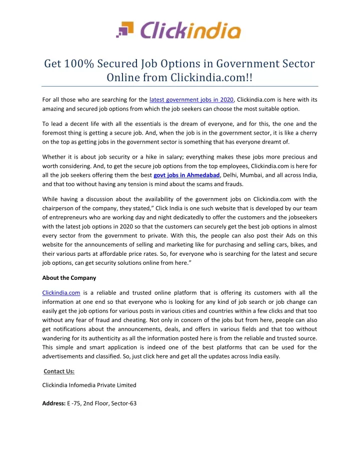 get 100 secured job options in government sector