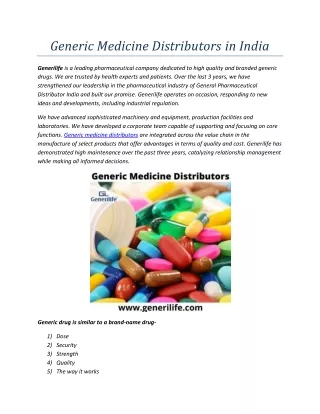 generic medicine distributors in india