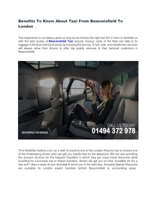 Benefits To Know About Taxi From Beaconsfield To London