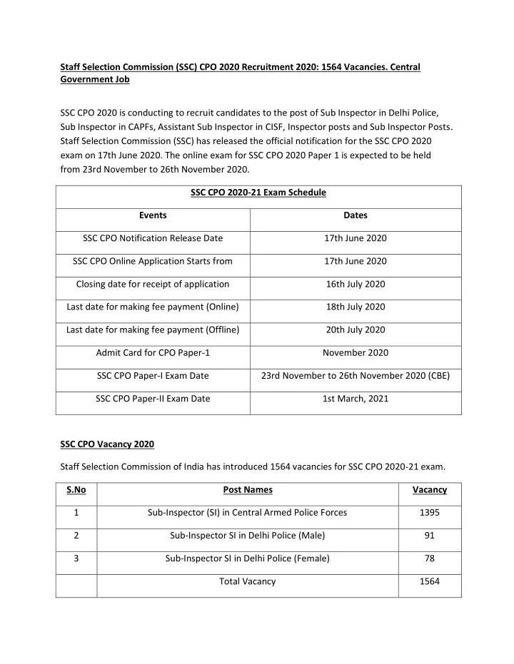 staff selection commission ssc cpo 2020