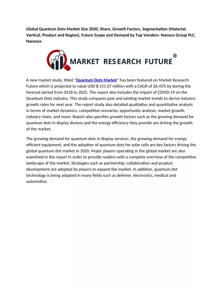 global quantum dots market size 2020 share growth