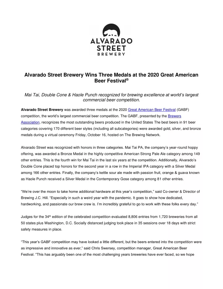 alvarado street brewery wins three medals