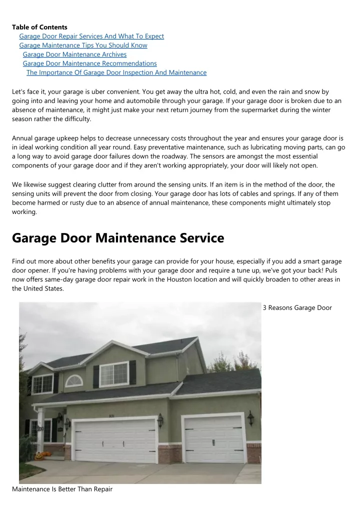 table of contents garage door repair services