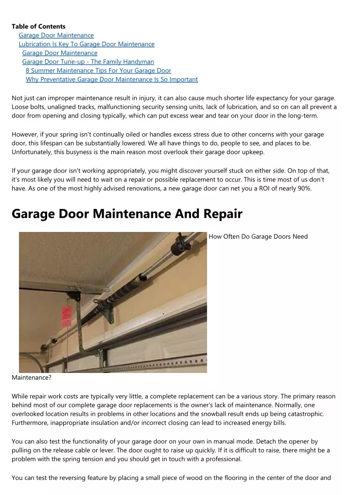 table of contents garage door maintenance