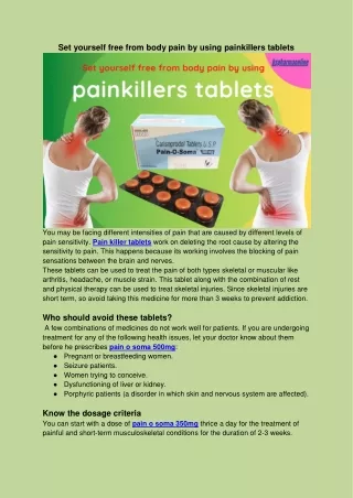 Set yourself free from body pain by using painkillers tablets