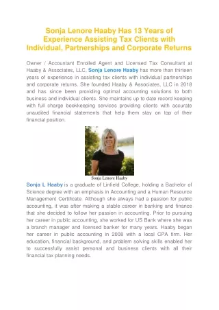 Sonja Lenore Haaby Has 13 Years of Experience Assisting Tax Clients with Individual, Partnerships and Corporate Returns