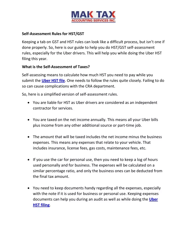 self assessment rules for hst gst