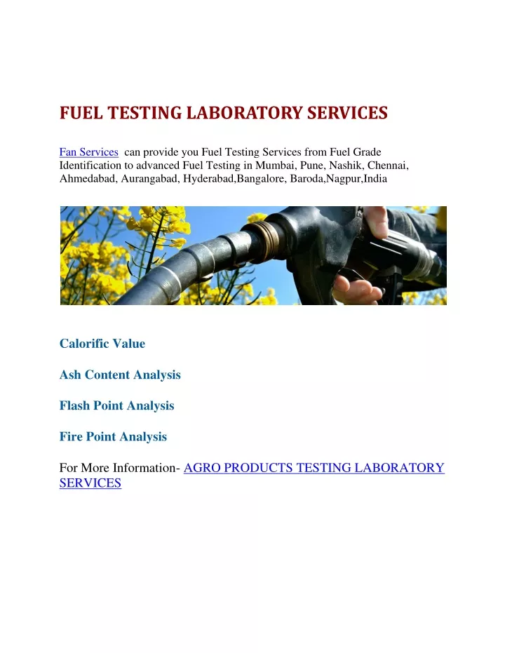 fuel testing laboratory services fan services