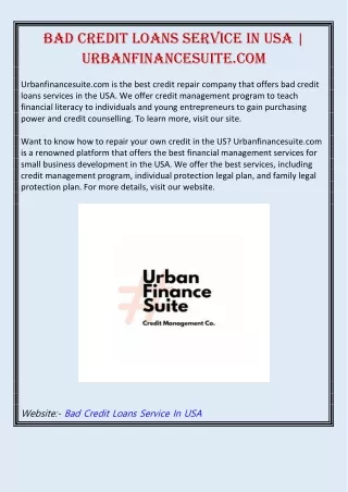 Bad Credit Loans Service in USA | Urbanfinancesuite.com