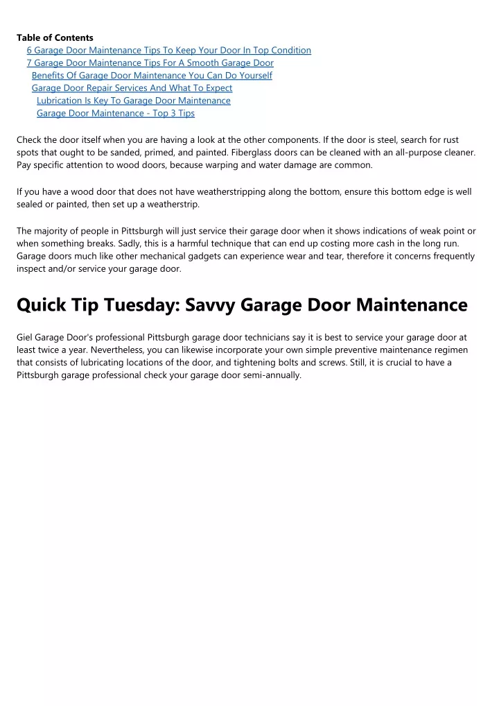 table of contents 6 garage door maintenance tips