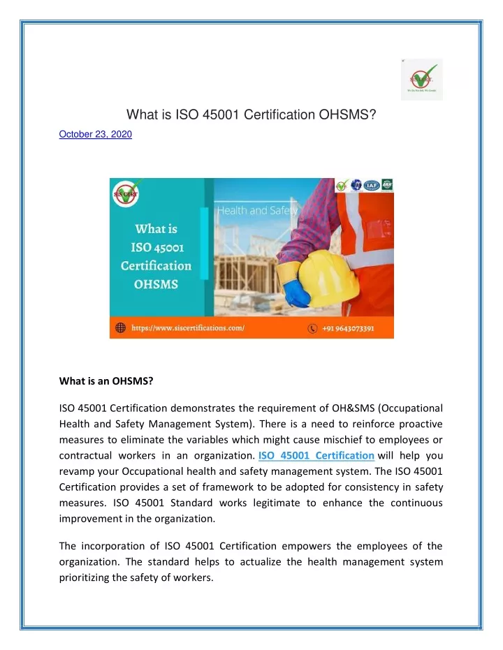 what is iso 45001 certification ohsms