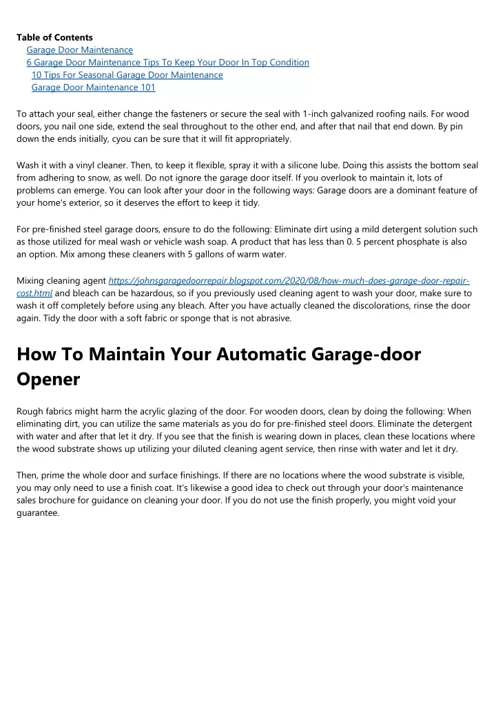 table of contents garage door maintenance