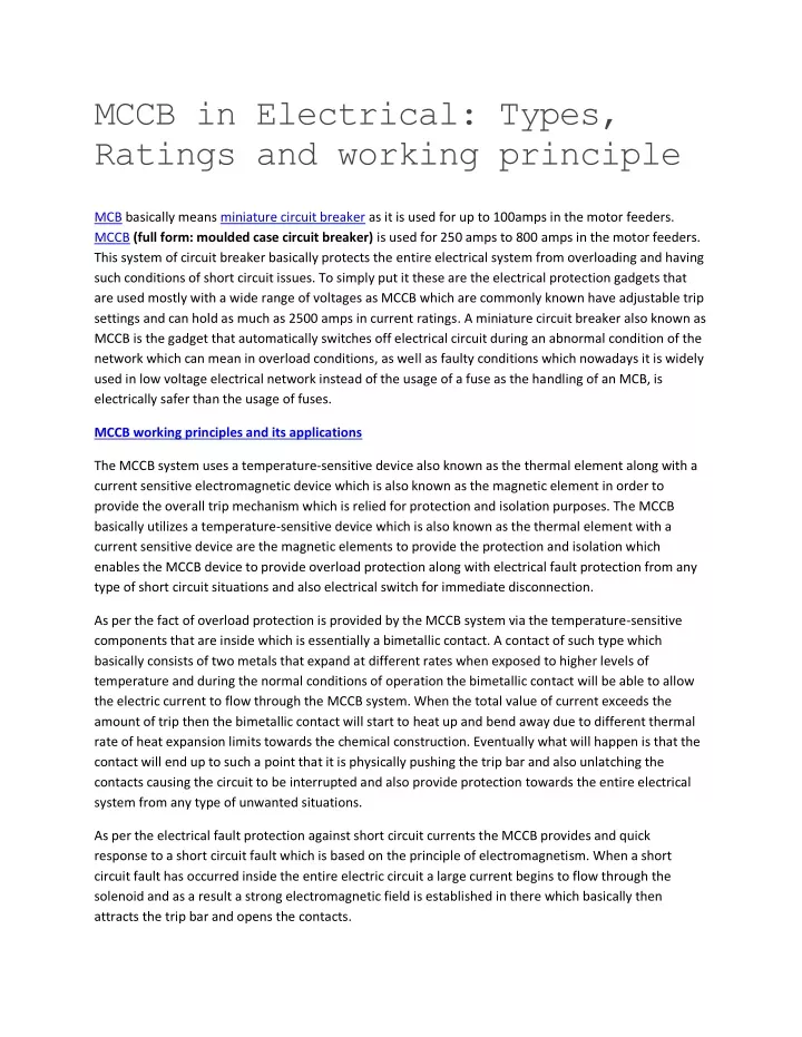 mccb in electrical types ratings and working