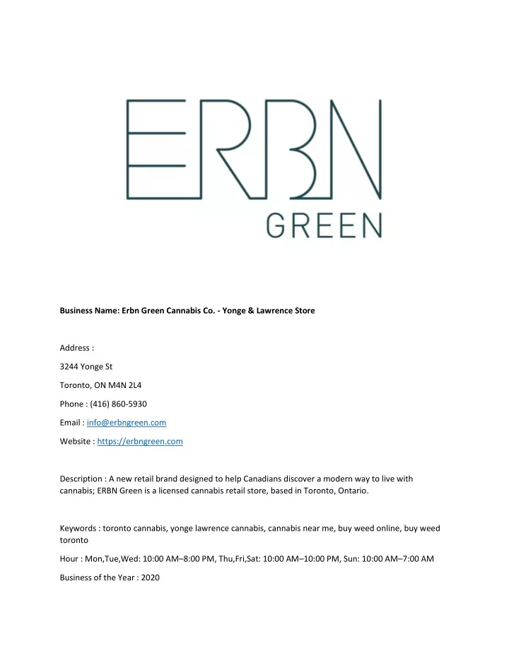 business name erbn green cannabis co yonge