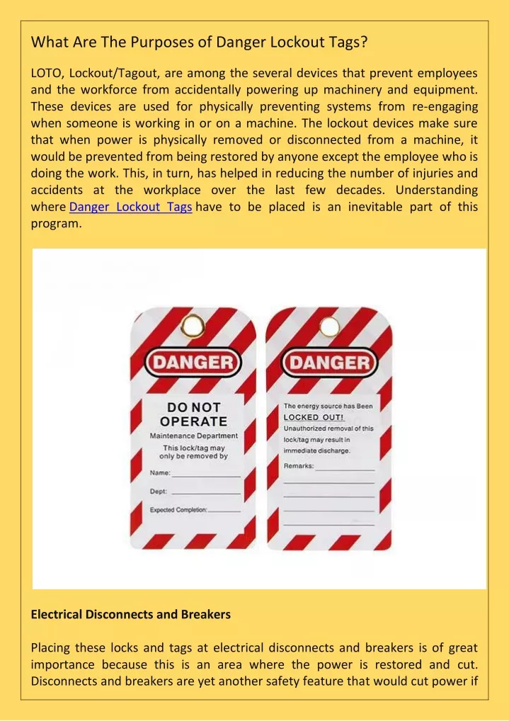 what are the purposes of danger lockout tags loto