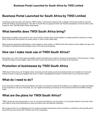 Business Portal Launched for South Africa by TWDI Limited