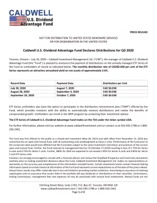 Distribution for Q3 2020 Announced By Caldwell U.S. Dividend Advantage Fund