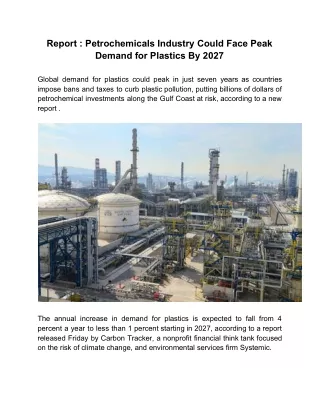 Report : Petrochemicals Industry Could Face Peak Demand for Plastics By 2027