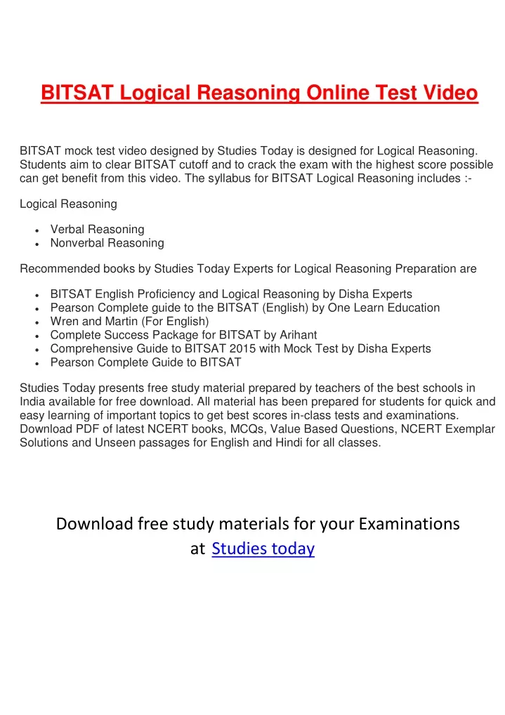 bitsat logical reasoning online test video