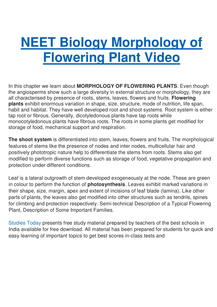 neet biology morphology of flowering plant video