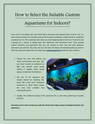 How to Select the Suitable Custom Aquariums for Indoors?