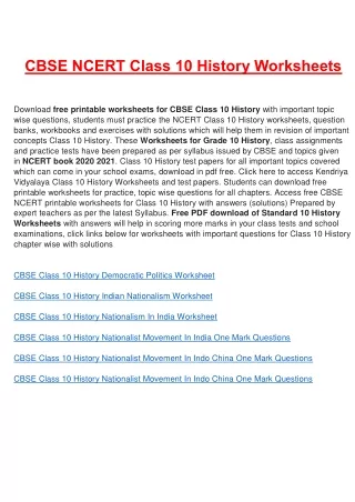 cbse ncert class 10 history worksheets